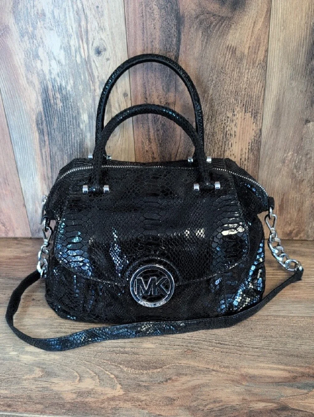 Michael Kors Glossy Snake-Embossed Python Satchel with MK Medallion M478